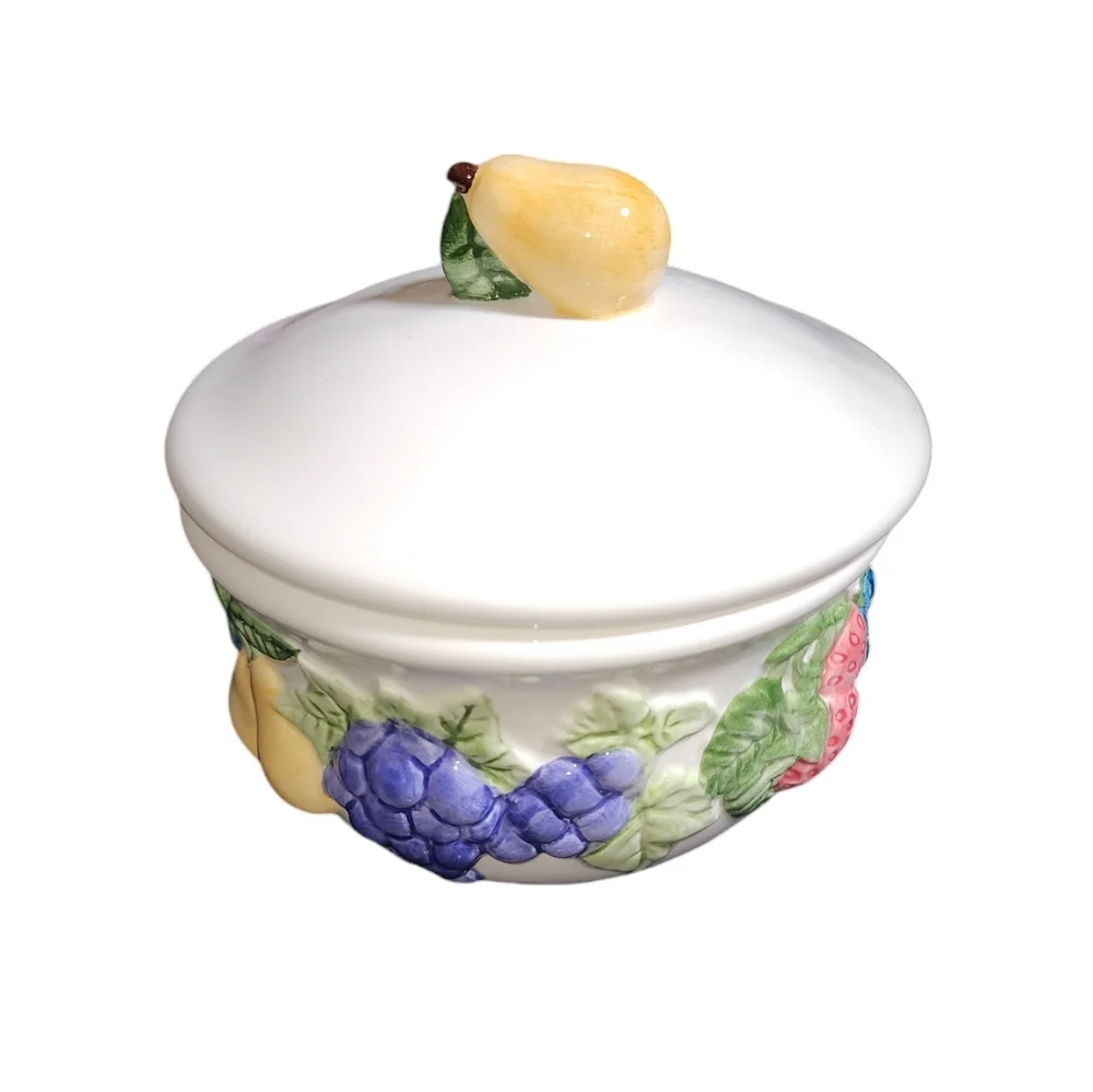 Vintage Lillian Vernon Colorful Fruit Accented White Lidded Ceramic Bowl 5